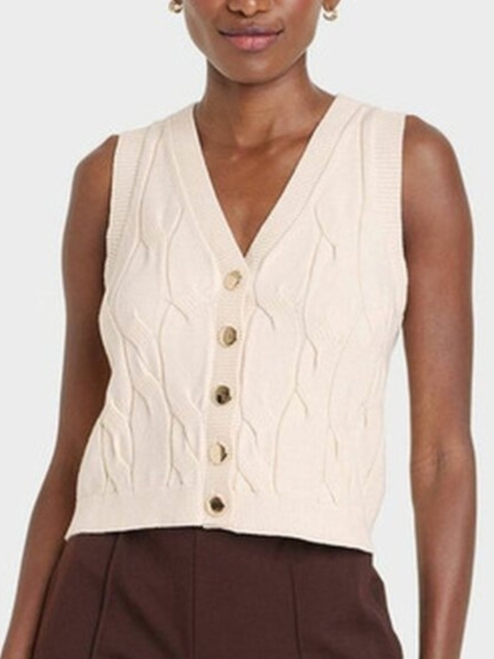 a new day Cream Cable-Knit V-Neck Button Sweater Vest